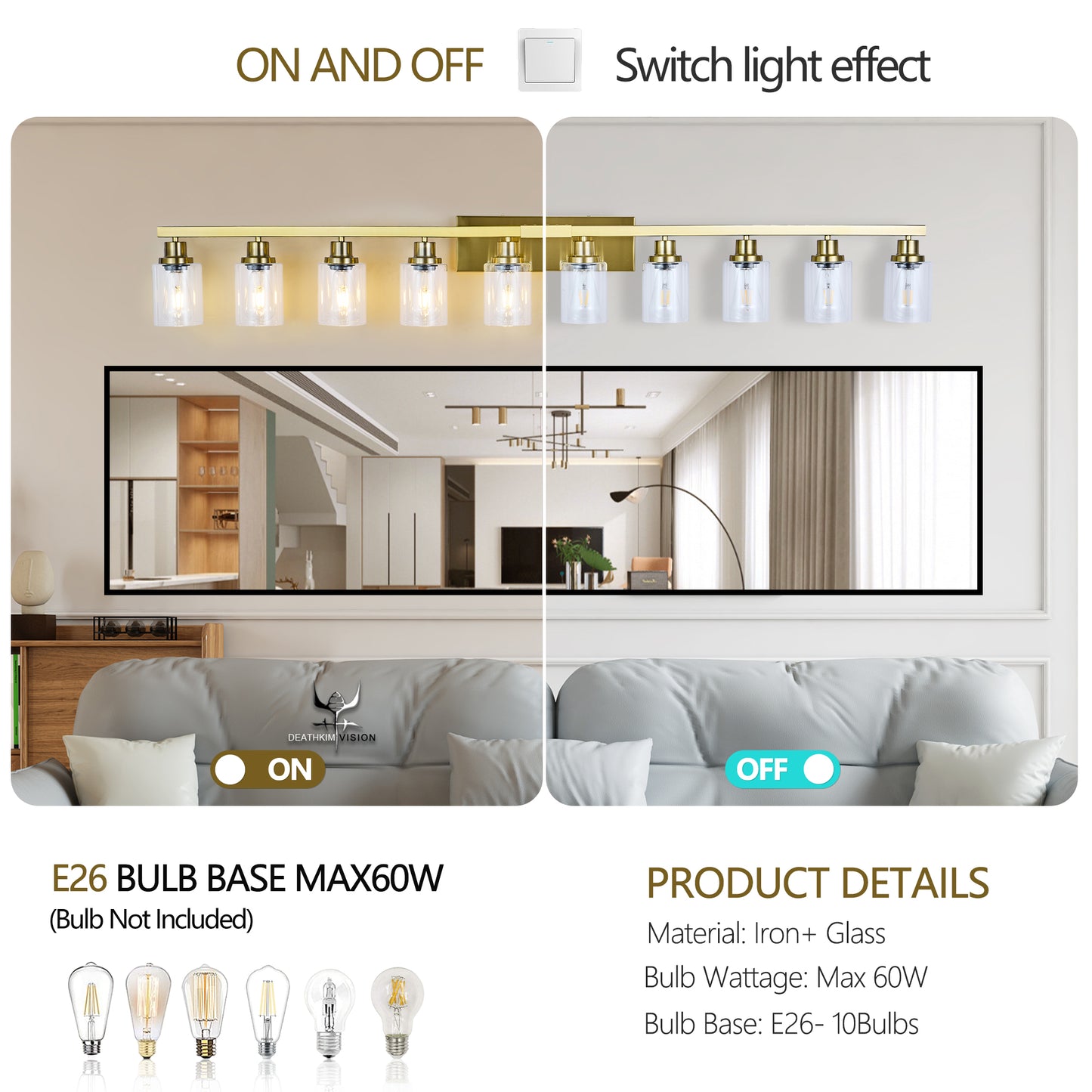 10 Light Gold Vanity Lights for Mirror, 52inch Modern Gold Bathroom Wall Lighting for Bedroom, Living Room