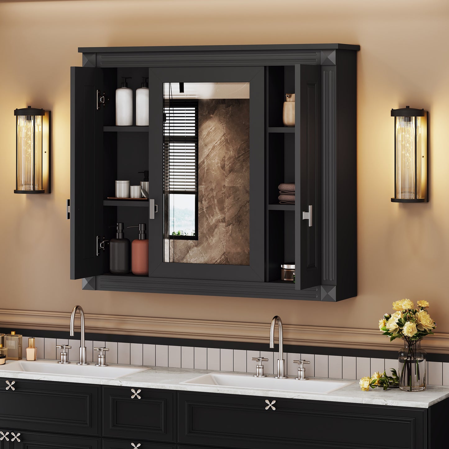 Bathroom Wall Cabinet with Mirror, Wall Mounted Medicine Cabinet with 4 Shelves, Mirrored Door Over Toilet Storage Cabinet