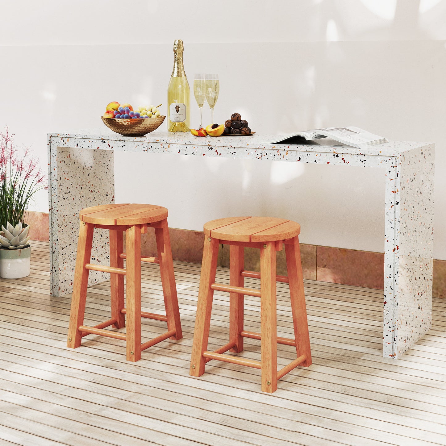 18-Inch Outdoor Wood Bar Stools Set of 2 with Round Seat and Footrest