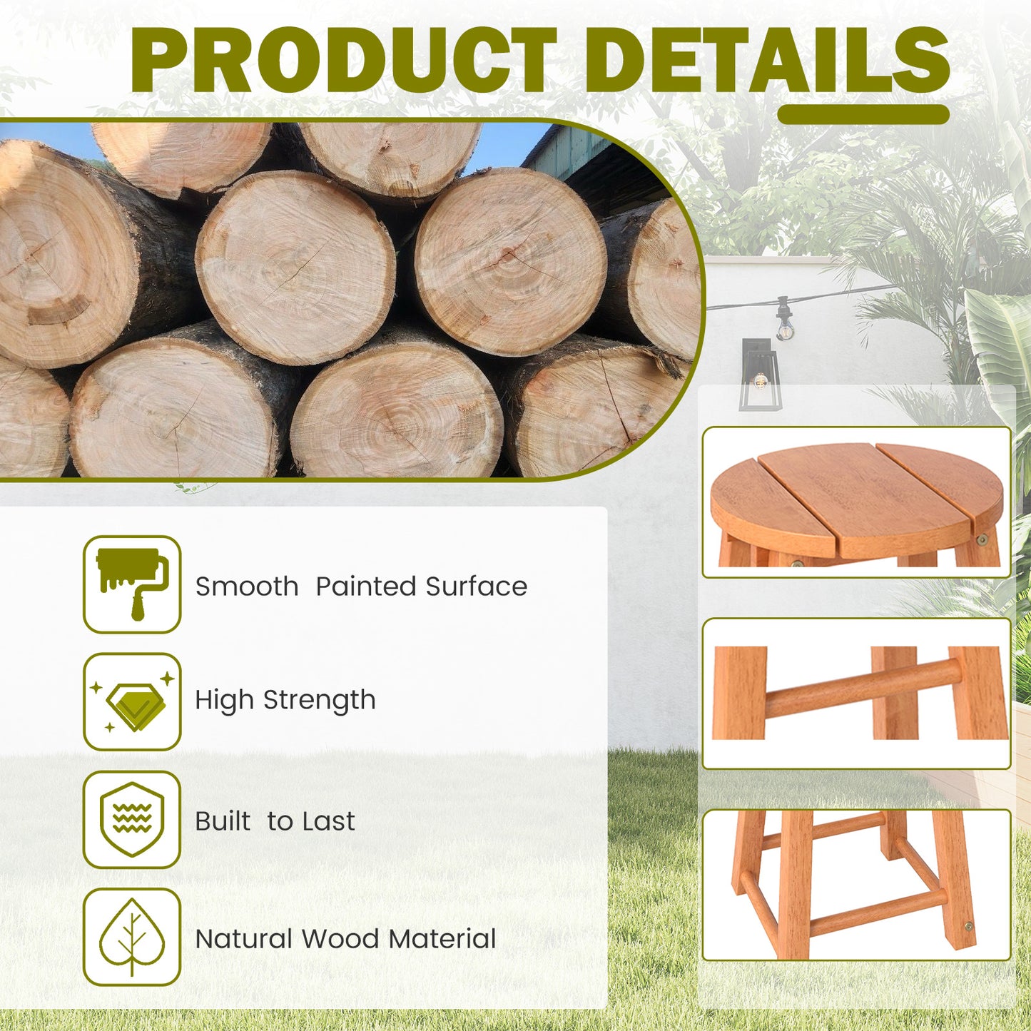 18-Inch Outdoor Wood Bar Stools Set of 2 with Round Seat and Footrest