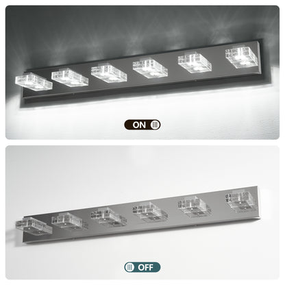 38" Modern Chrome 6-Light LED Vanity Light, Square Acrylic Lampshades Wall Mount Fixture for Bathroom, Mirror Lighting