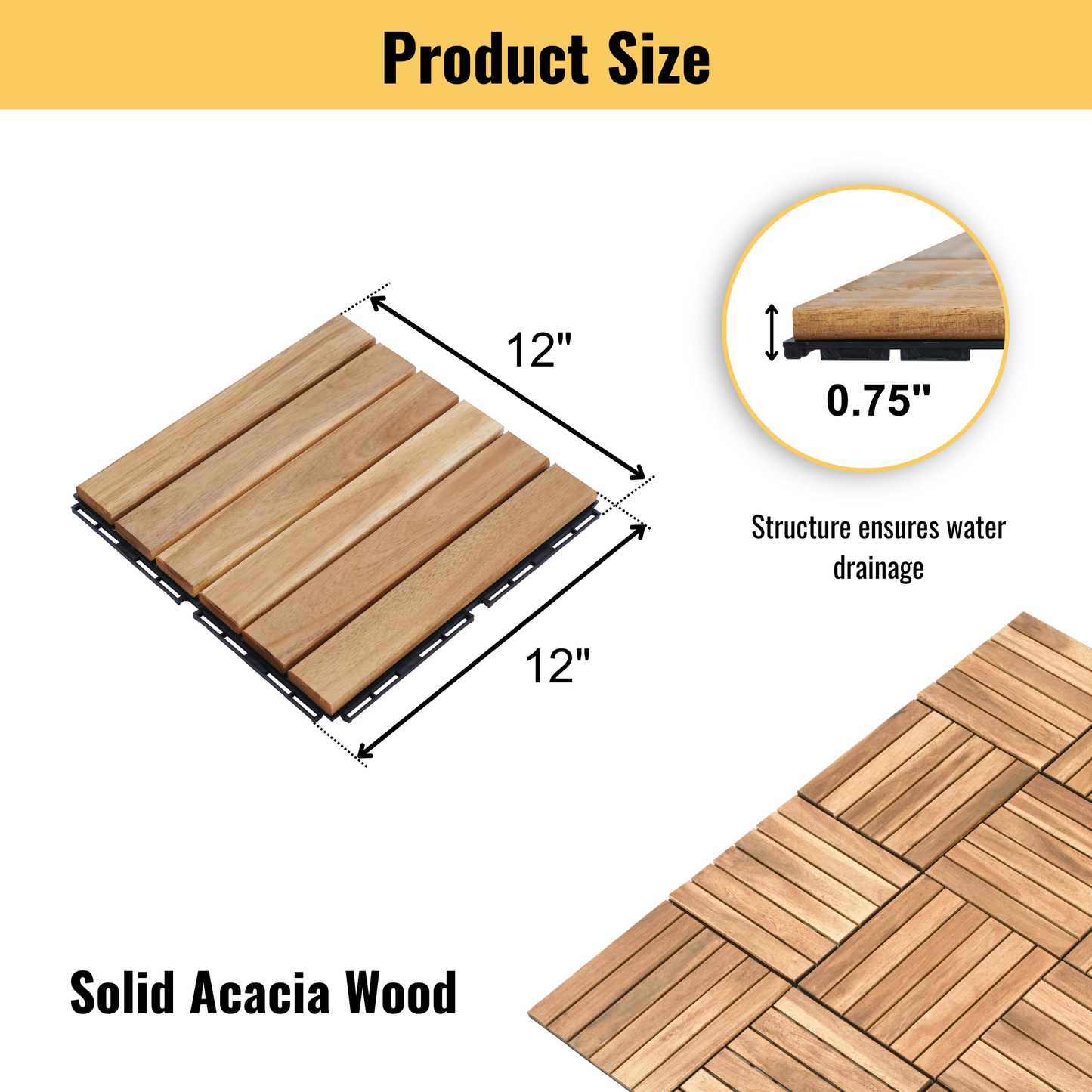 10 PCS Interlocking Deck Tiles Striped Pattern, 12" x 12" Square Yellow Acacia Hardwood Outdoor Flooring for Patio, Bancony, Pool Side