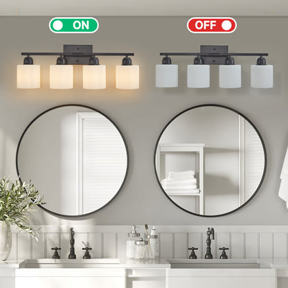 Black Bathroom Light Fixtures, 4-Light Modern Vanity Light Over Mirror, Wall Sconces with Milky White Frosted Glass Shades, E26 Socket (Bulbs Not Included)
