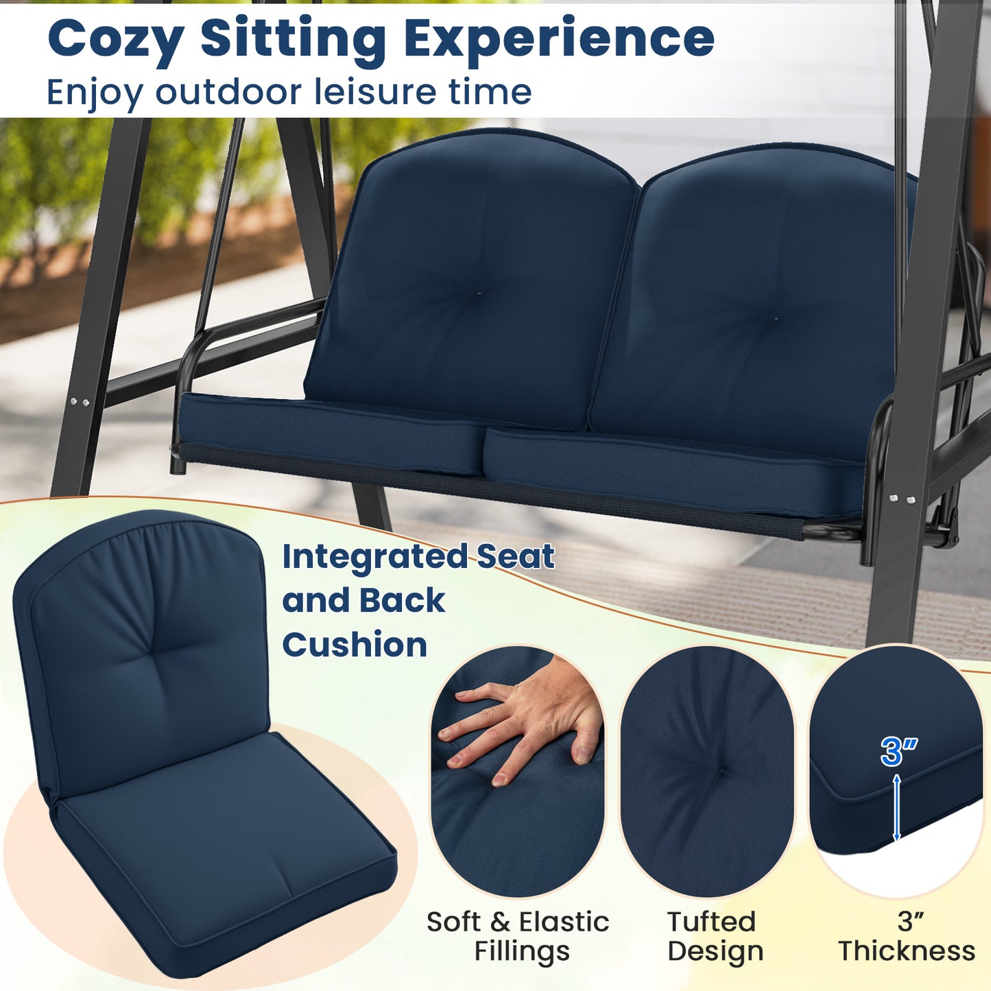 2-Person Outdoor Porch Swing with A-Shaped Metal Stand and Adjustable Canopy-Navy