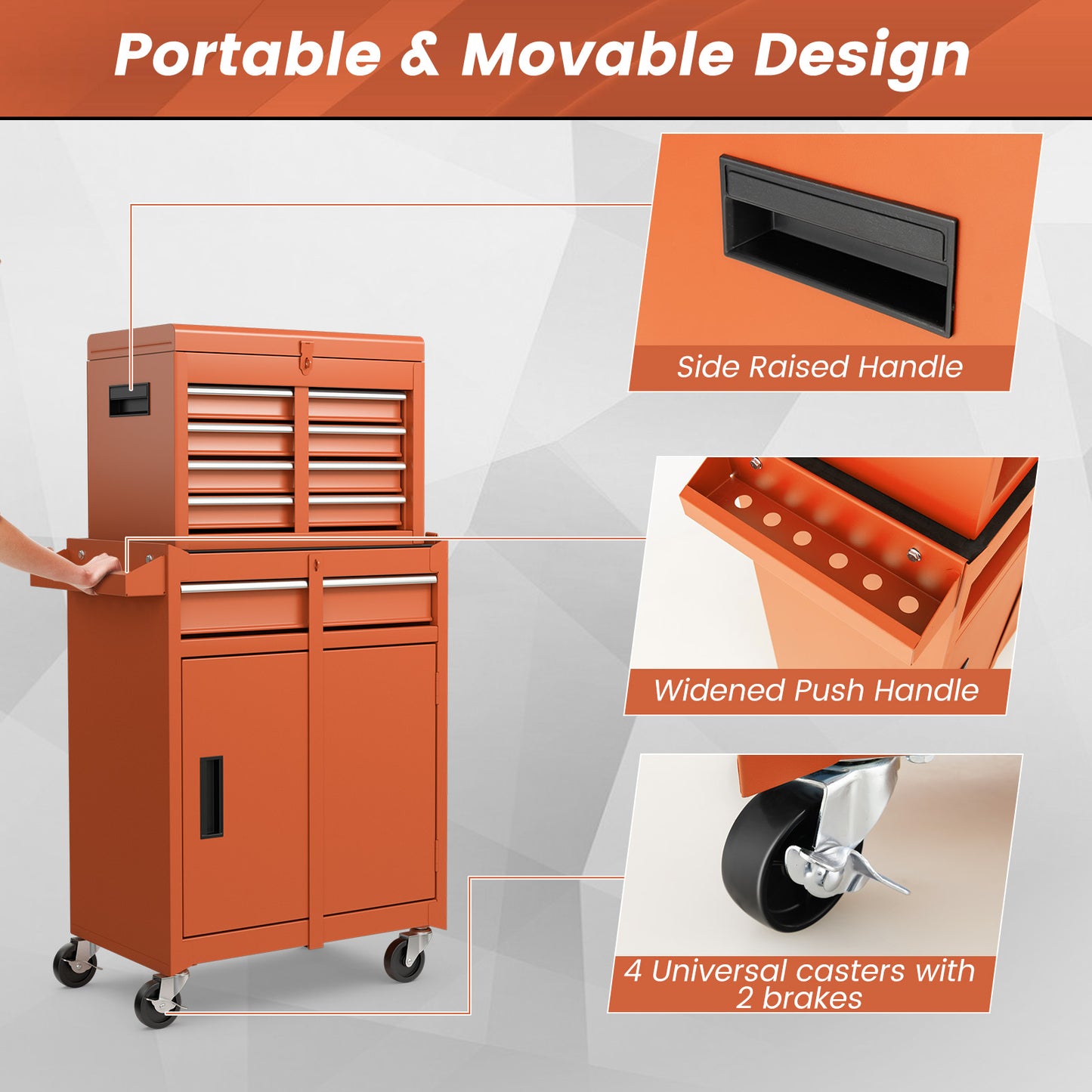 2-in-1 Rolling Tool Chest with 5 Sliding Lockable Drawers-Orange
