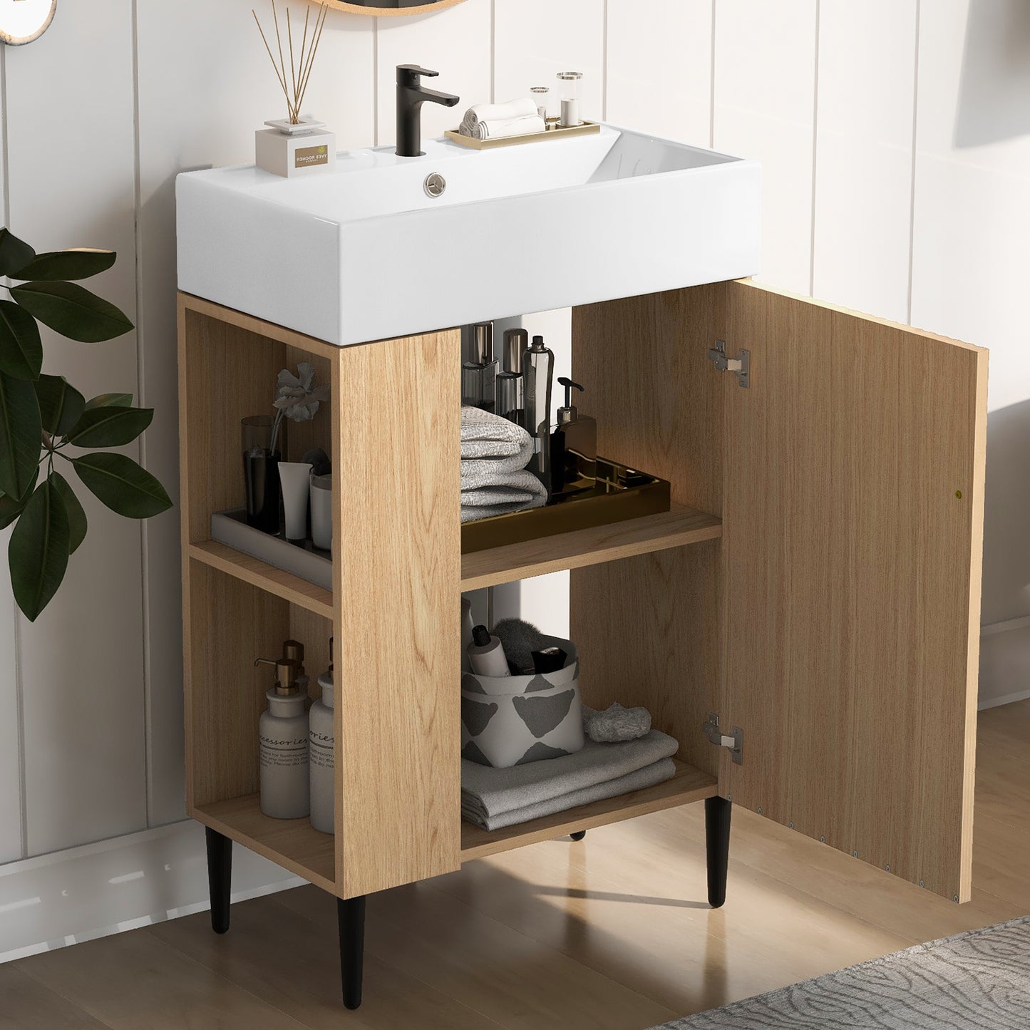 21.6" Wood Bathroom vanity, Combo Cabinet, Bathroom Storage Cabinet, Single Ceramic Sink, Left side storage