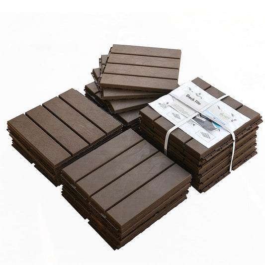 Patio Interlocking Deck Tiles, 12"x12" Square Composite Decking Tiles, Four Slat Plastic Outdoor Flooring Tile All Weather for Balcony Porch Backyard, (Dark Brown, Pack of 36)