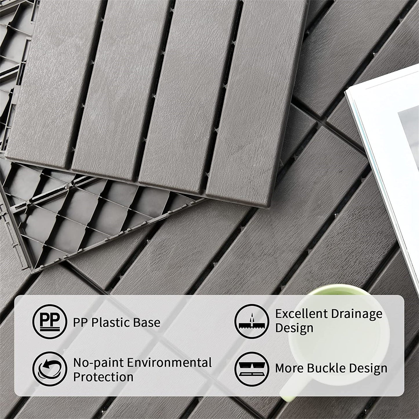 Patio Interlocking Deck Tiles, 12"x12" Square Composite Decking Tiles, Four Slat Plastic Outdoor Flooring Tile All Weather for Balcony Porch Backyard, (Dark Gray, Pack of 36)