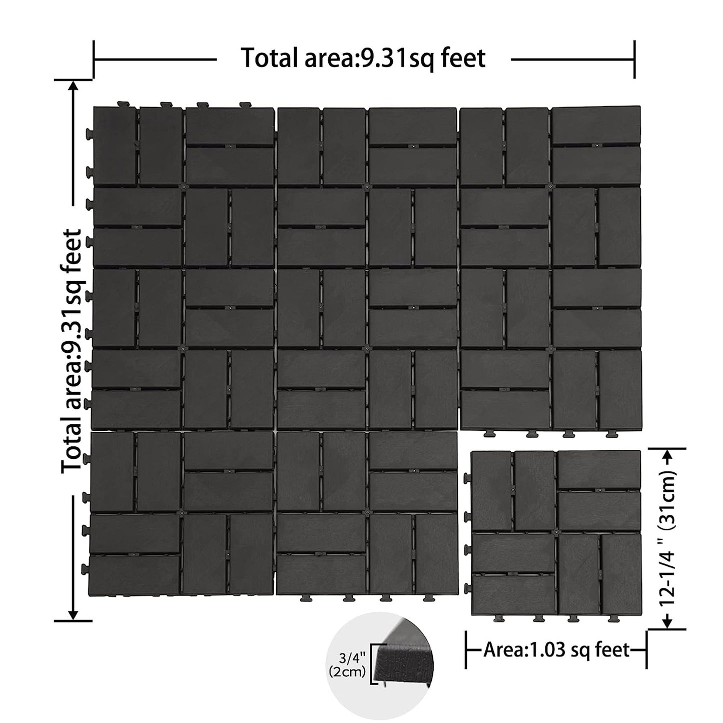 Patio Interlocking Deck Tiles, 12"x12" Square Composite Decking Tiles, Four Slat Plastic Outdoor Flooring Tile All Weather for Balcony Porch Backyard,  (Gray, Pack of 44)