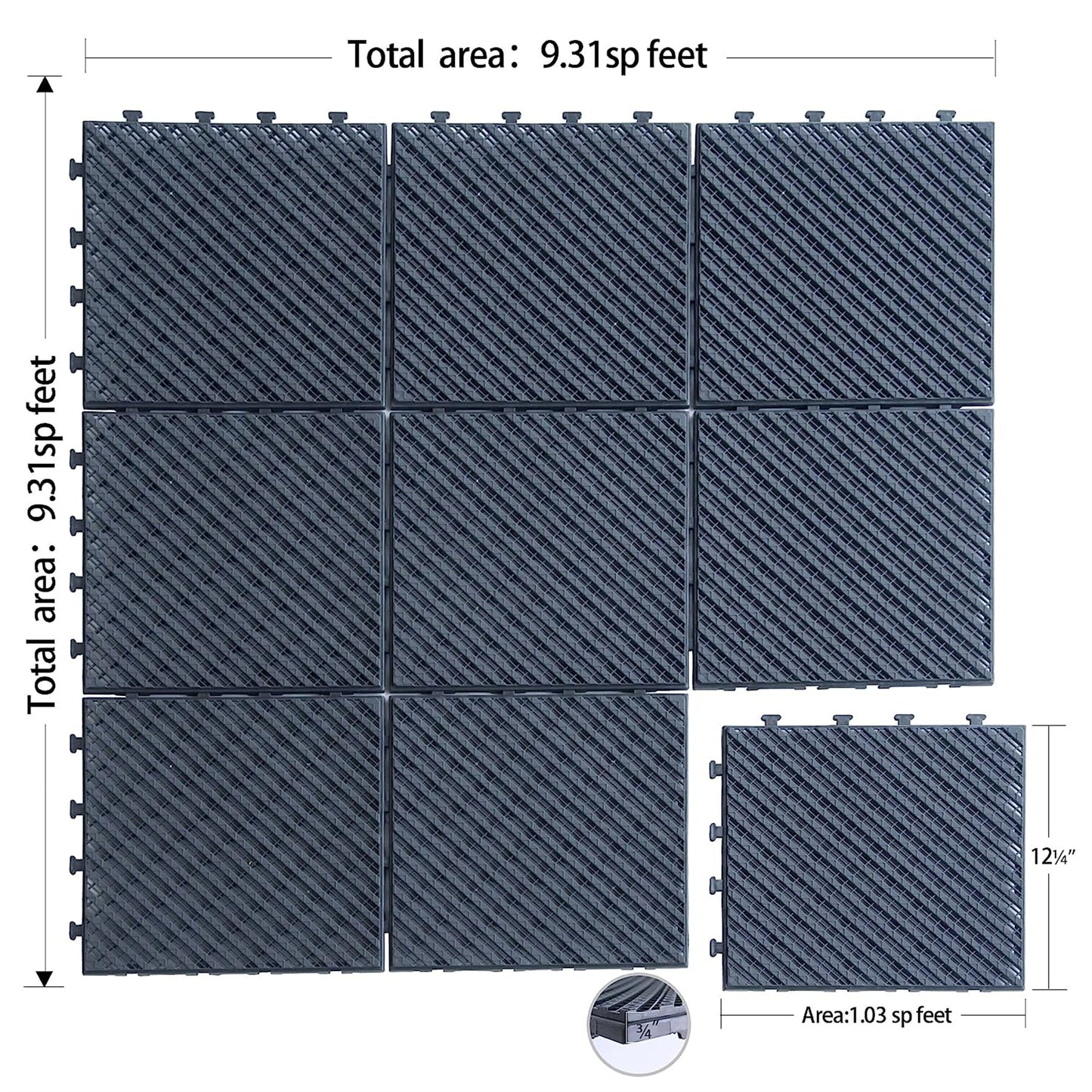 Patio Interlocking Deck Tiles, 12"x12" Square Composite Decking Tiles, Striped Plastic Outdoor Flooring Tile All Weather for Balcony Porch Backyard, (Dark Gray, Pack of 36)