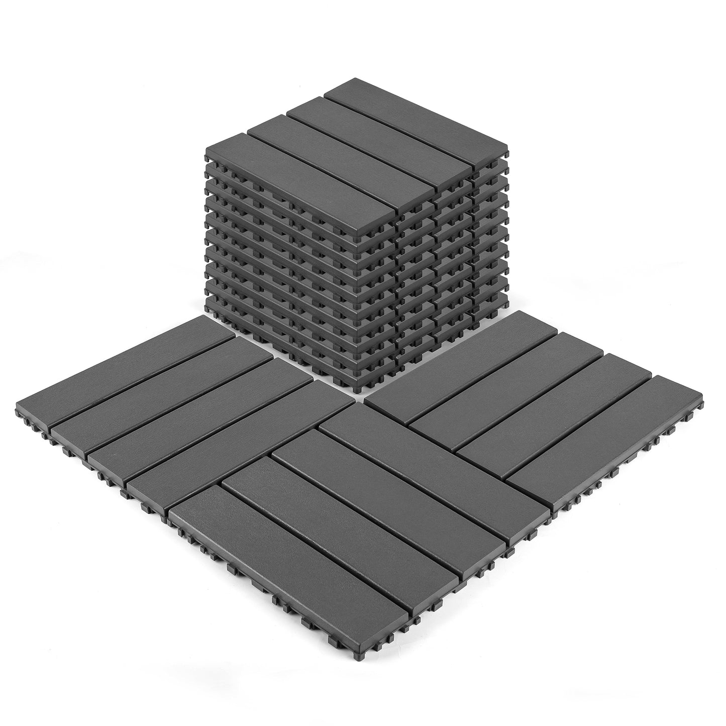 Plastic interlocking decking tiles, 44 packs of terrace decking tiles, 12 inches x 12 inches waterproof for all-weather use, backyard pool decking tiles, dark gray