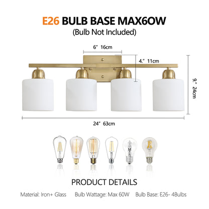 Gold Bathroom Light Fixtures, 4-Light Modern Vanity Light Over Mirror, Wall Sconces with Milky White Frosted Glass Shades, E26 Socket (Bulbs Not Included)