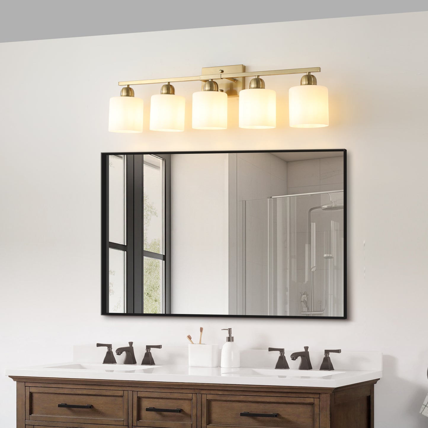 Gold Bathroom Light Fixtures, 5-Light Modern Vanity Light Over Mirror, Wall Sconces with Milky White Frosted Glass Shades, E26 Socket (Bulbs Not Included)
