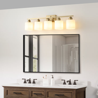 Gold Bathroom Light Fixtures, 5-Light Modern Vanity Light Over Mirror, Wall Sconces with Milky White Frosted Glass Shades, E26 Socket (Bulbs Not Included)