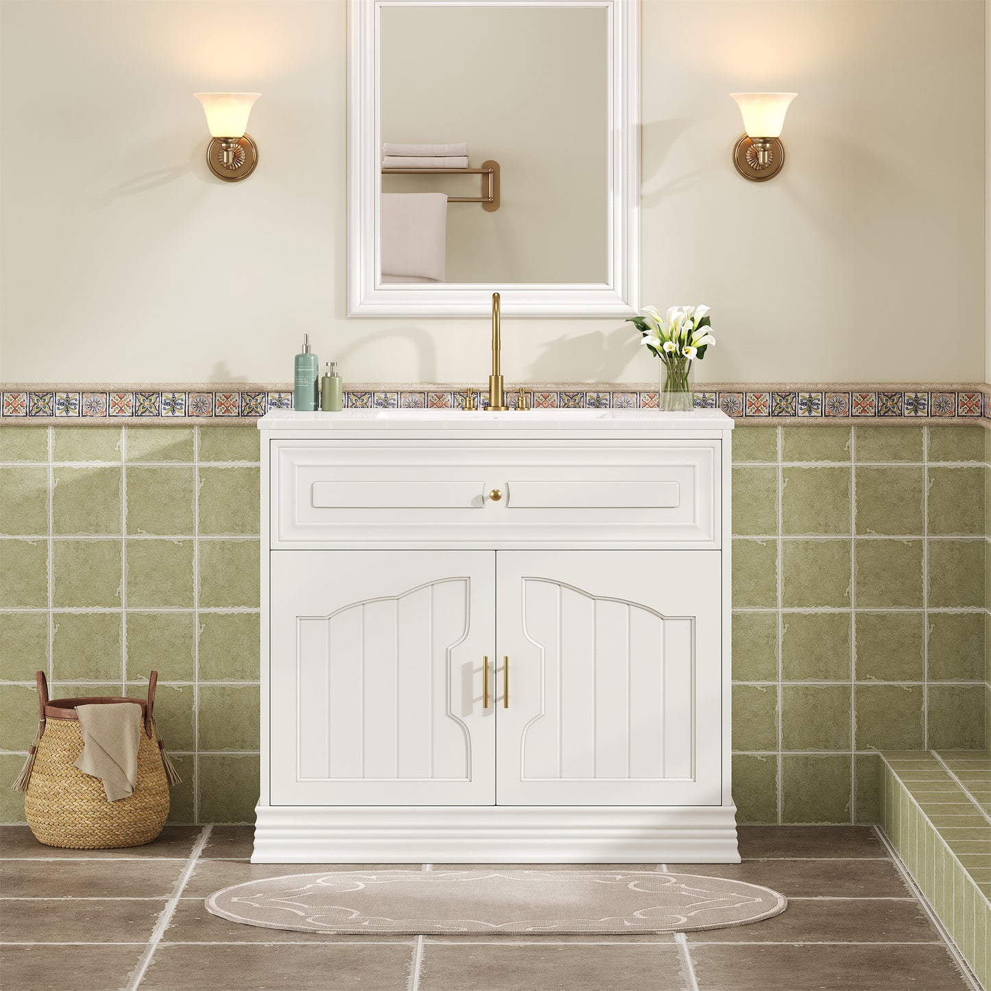 36" Luxurious Bathroom Vanity with Ceramic Sink, Bathroom Vanities Cabinet with 2 large Soft Closing Doors, Solid Wood Frame Bathroom Storage Cabinet