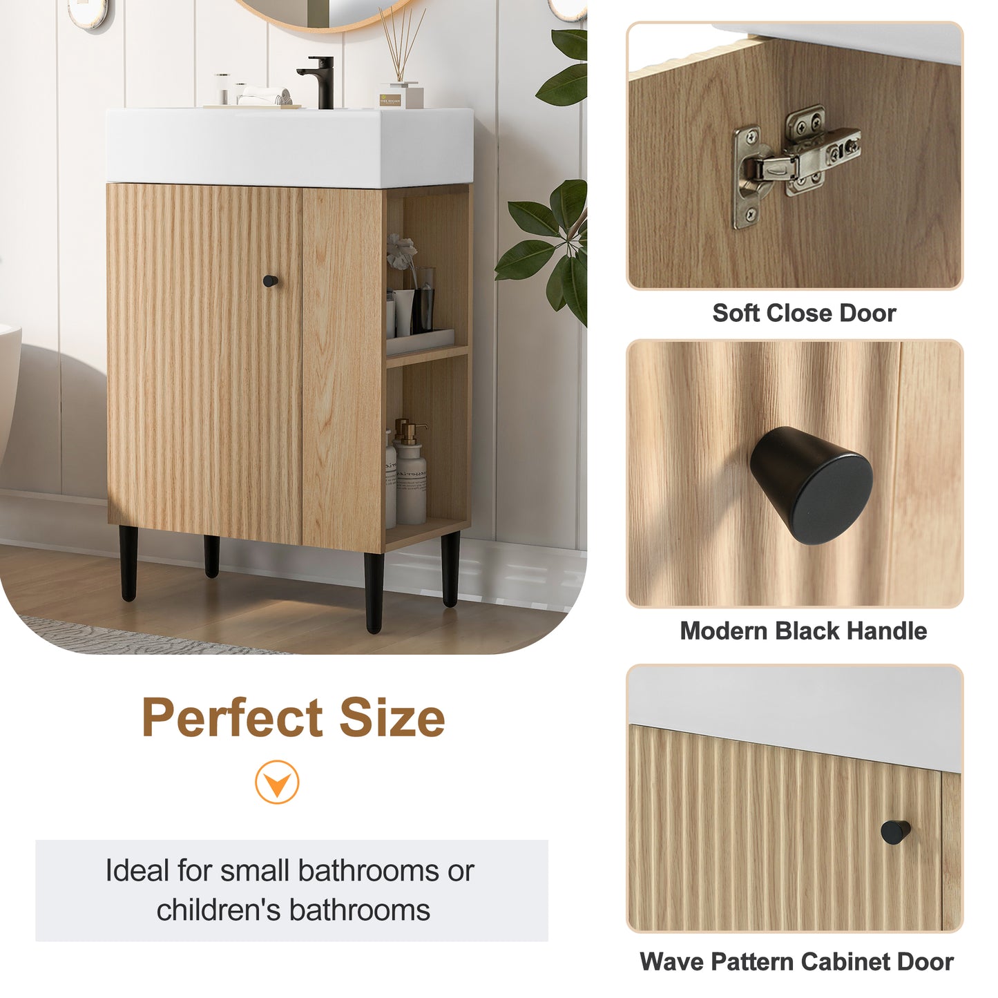 21.6" Wood Bathroom vanity, Combo Cabinet, Bathroom Storage Cabinet, Single Ceramic Sink, Right side storage