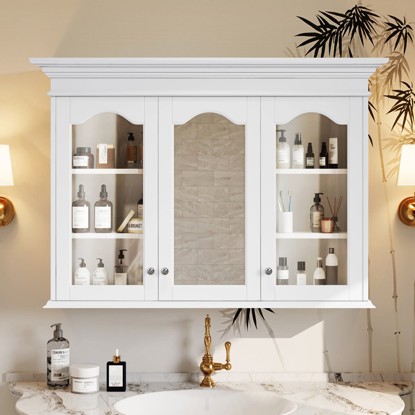 40" Medicine Cabinet with Mirror, Bathroom Storage Cabinet with Mirror Door and Shelves, Wall Mounted Bathroom Cabinet with Glass Doors