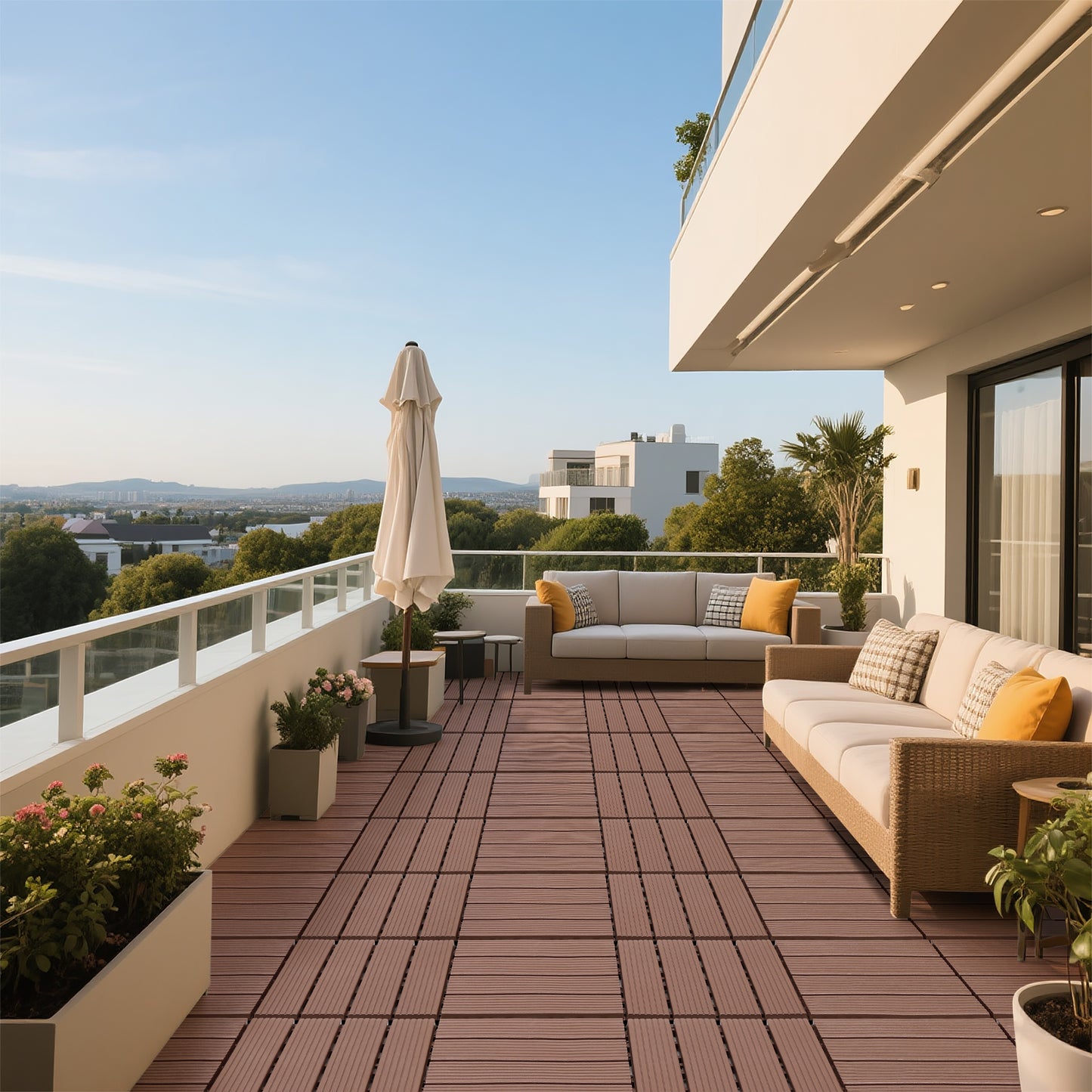 Plastic interlocking decking tiles, 44 packs of terrace decking tiles, 12 inches x 12 inches waterproof for all-weather use, backyard pool decking tiles, Brown