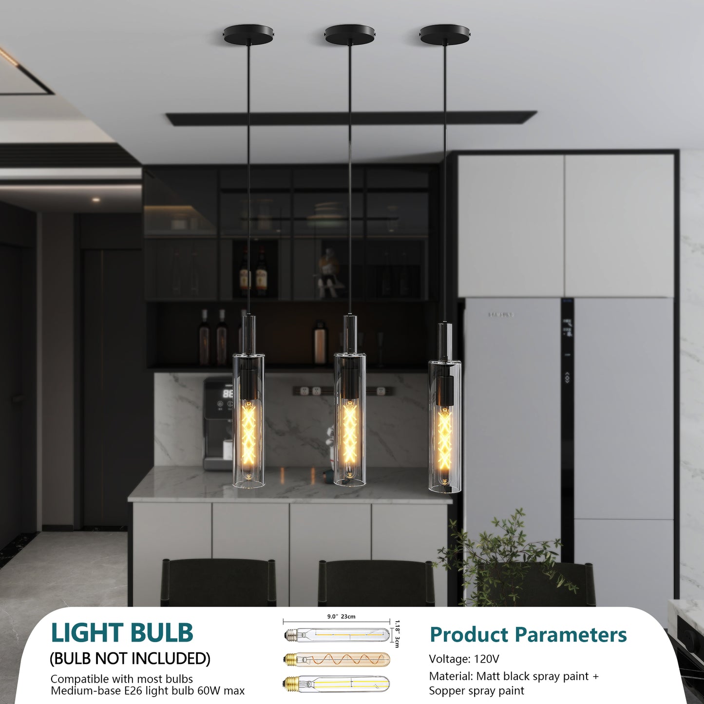 3 Pack Black Pendant Lights Kitchen Island (No Bulbs), Adjustable Modern Glass Pendant Light Over Island, Industrial Pendant Light Fixtures for Dining Room Hallway Bedroom Living Room