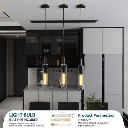 3 Pack Black Pendant Lights Kitchen Island (No Bulbs), Adjustable Modern Glass Pendant Light Over Island, Industrial Pendant Light Fixtures for Dining Room Hallway Bedroom Living Room