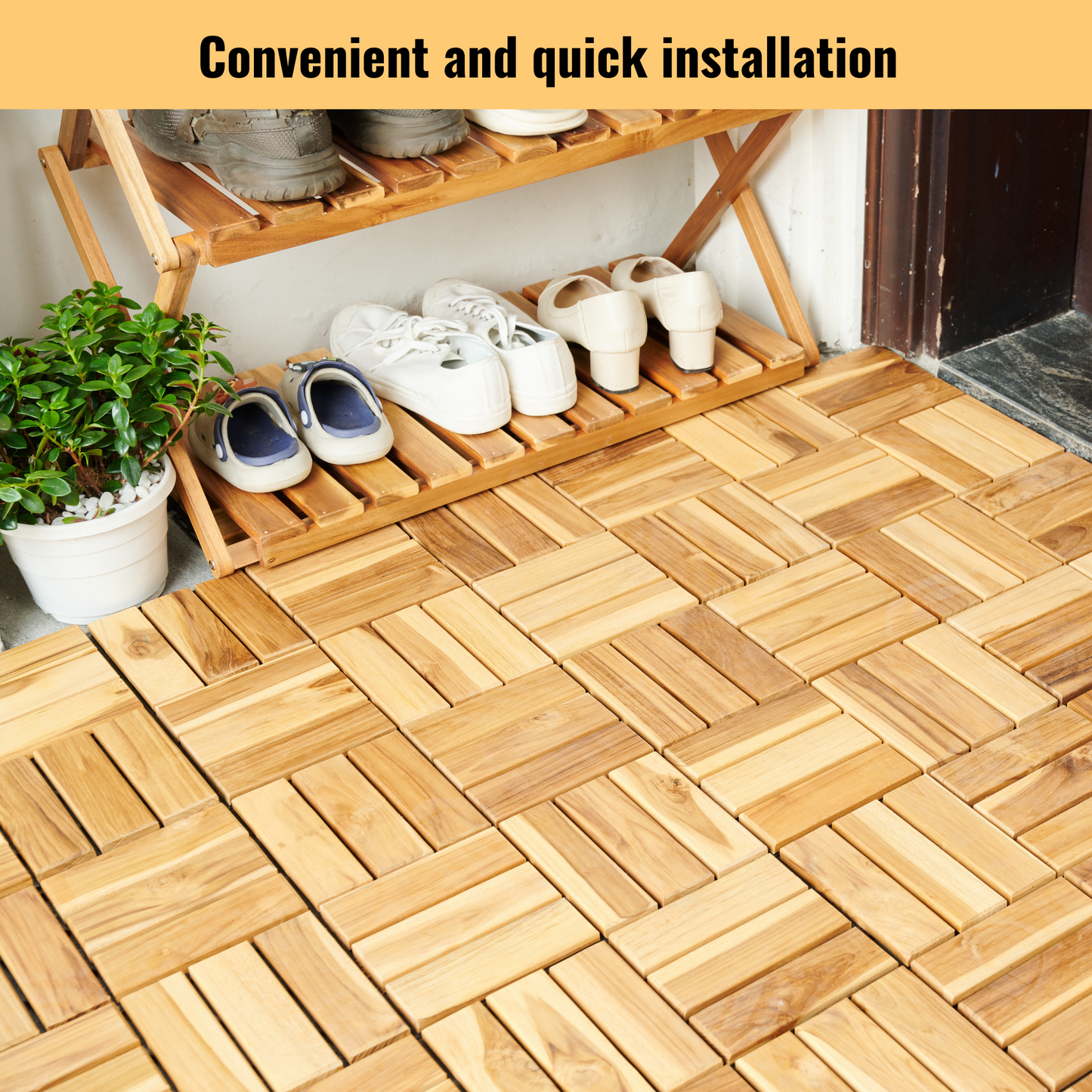 10 PCS Interlocking Deck Tiles Checker Pattern, 12" x 12" Square Yellow Acacia Hardwood Outdoor Flooring for Patio, Bancony, Pool Side