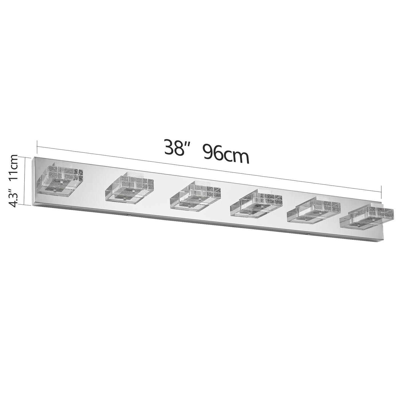 38" Modern Chrome 6-Light LED Vanity Light, Square Acrylic Lampshades Wall Mount Fixture for Bathroom, Mirror Lighting