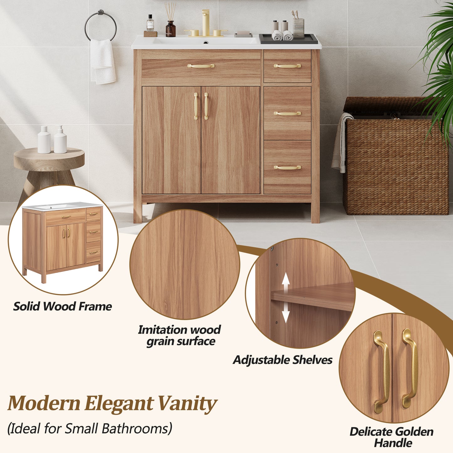 36" Wood Bathroom Vanity with Solid Wood Frame, 2 Soft Close Doors, 3 Soft Close Drawers, Adjustable Shelf, Modern Storage Cabinet for Small Bathrooms