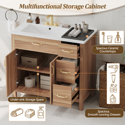 36" Wood Bathroom Vanity with Solid Wood Frame, 2 Soft Close Doors, 3 Soft Close Drawers, Adjustable Shelf, Modern Storage Cabinet for Small Bathrooms