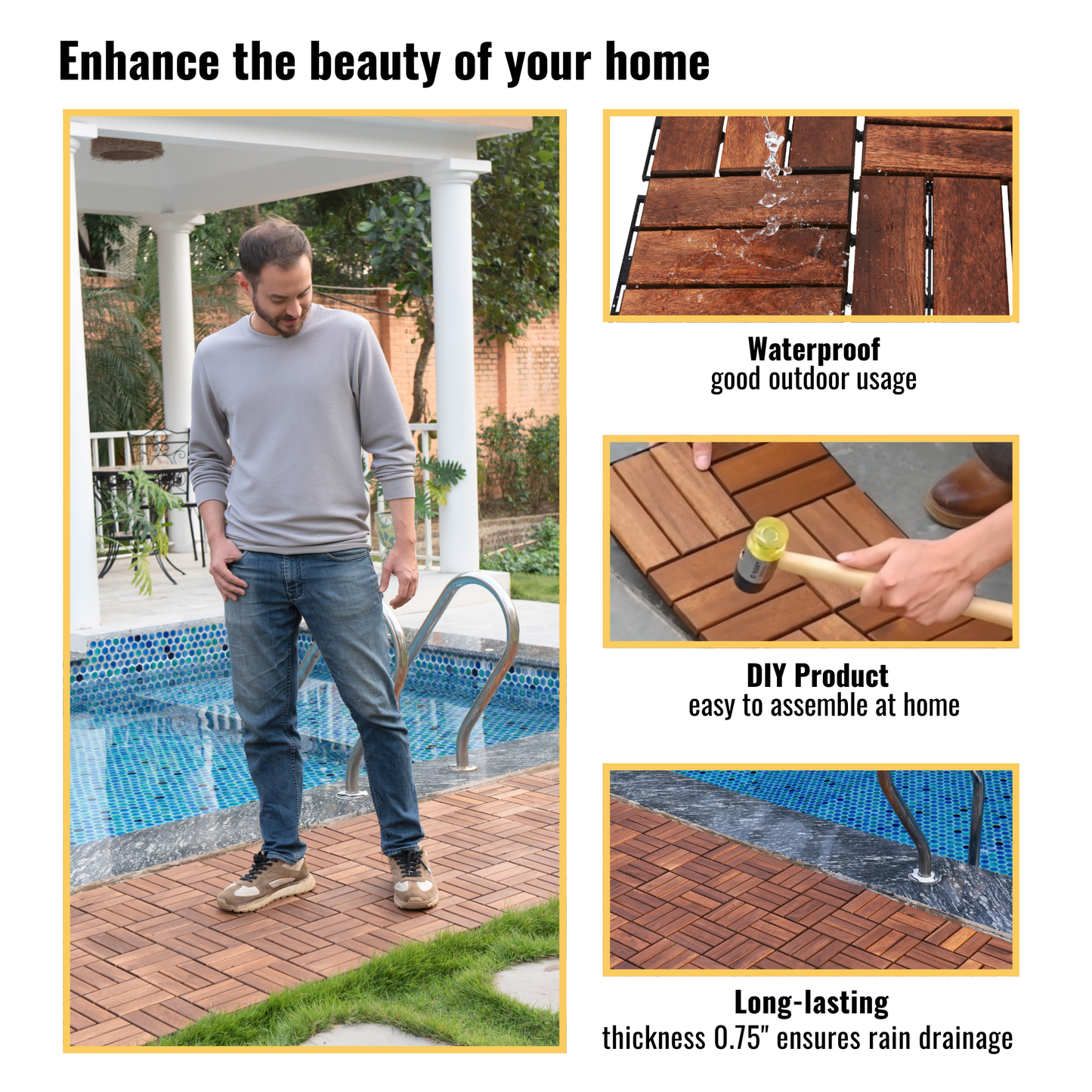Acacia Wood Interlocking Deck Tiles Checker Pattern, 30 PCS  12" x 12" Square Acacia Hardwood Outdoor Flooring for Patio, Bancony, Pool Side