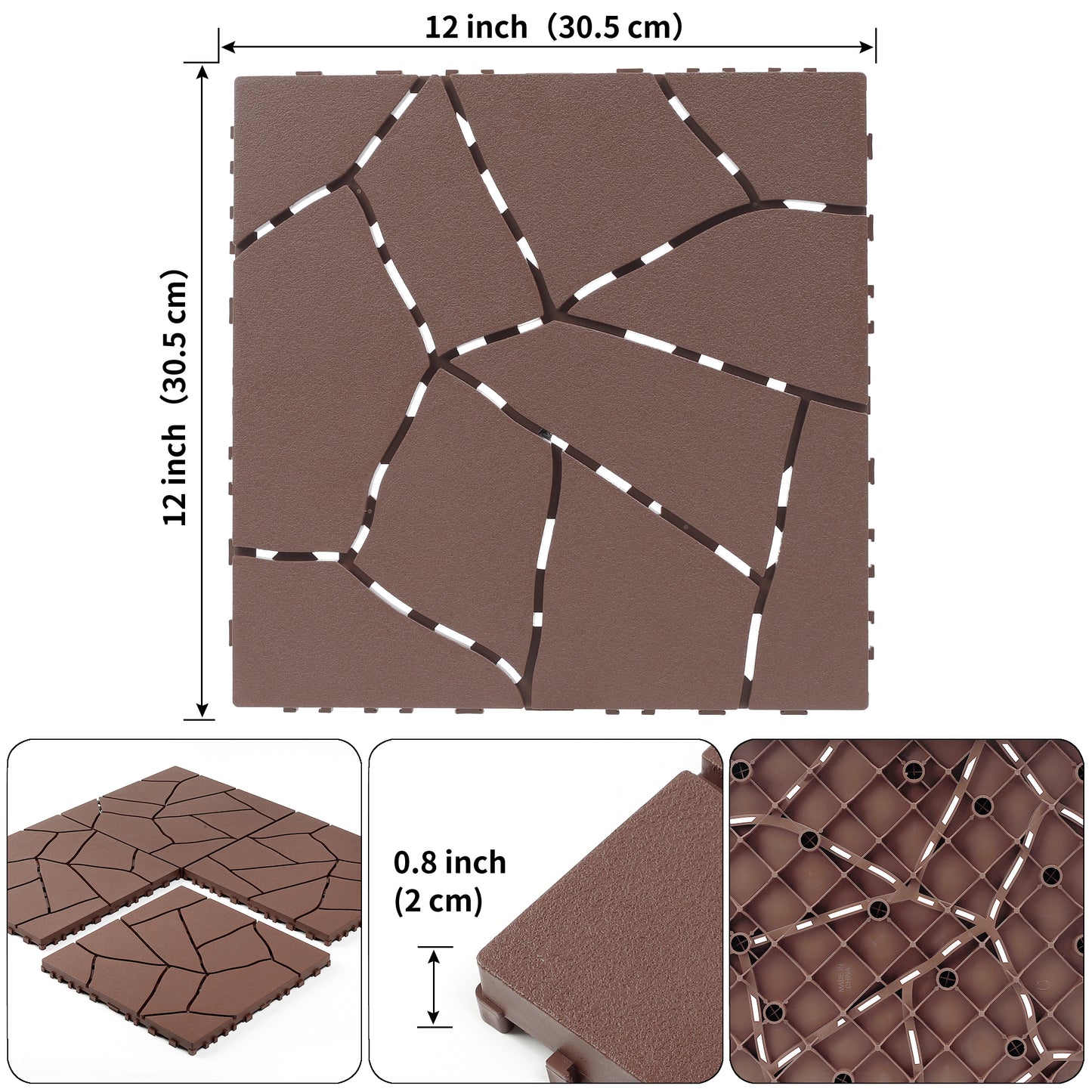 Stone Style 12" Patio Deck Tiles, DIY Module Interlocking Decking Tiles Floor Tile Outdoor and Indoor,Easy and Quick Installation Court Tiles for Porch Poolside Balcony Backyard 44pcs, Brown