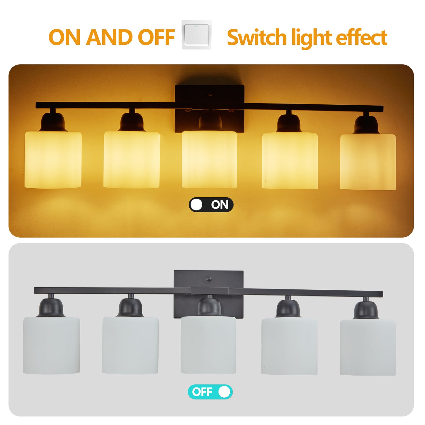 Black Bathroom Light Fixtures, 5-Light Modern Vanity Light Over Mirror, Wall Sconces with Milky White Frosted Glass Shades, E26 Socket (Bulbs Not Included)