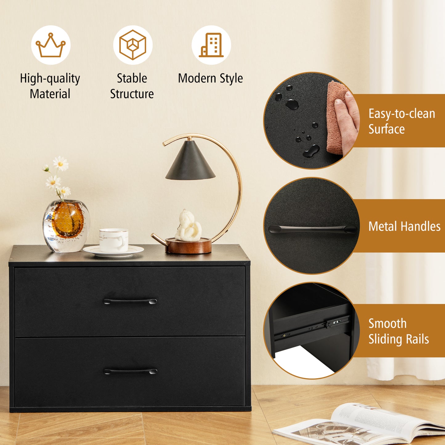 2-Drawer Stackable Horizontal Storage Cabinet Dresser Chest with Handles-Black