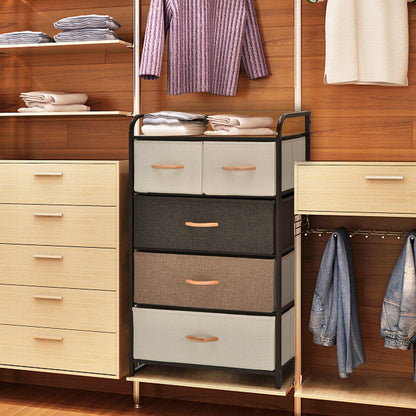 4-Tier Organizer Tower Steel Frame Wooden Top Storage with 5-Drawer Dresser-Muticolor