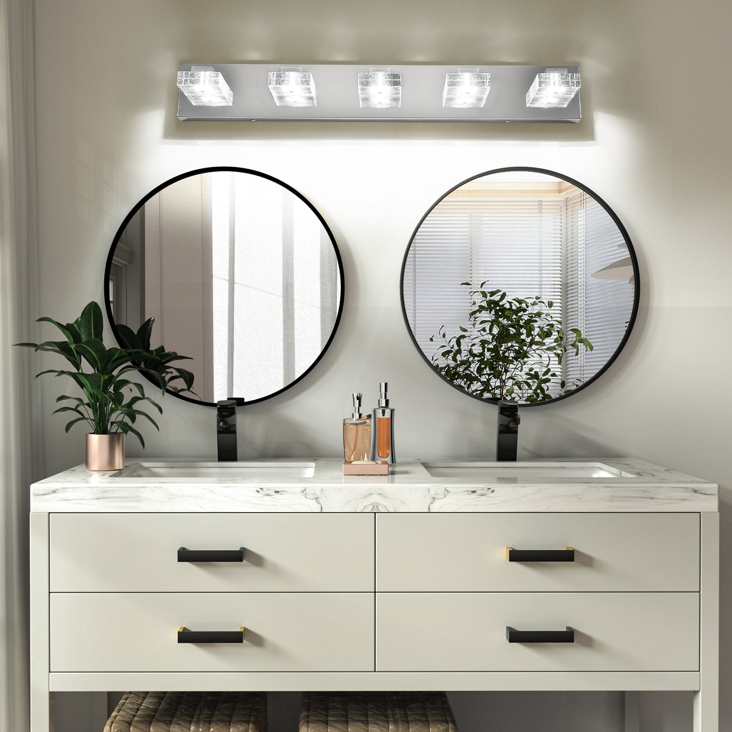 31" Modern Chrome 5-Light LED Vanity Light, Square Acrylic Lampshades Wall Mount Fixture for Bathroom, Mirror Lighting