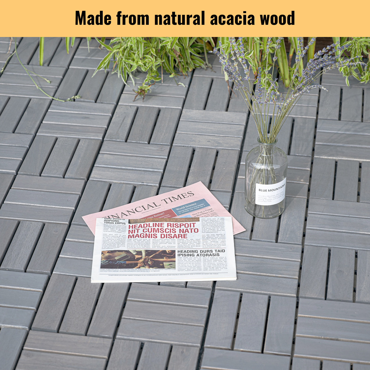 10 PCS Interlocking Deck Tiles Checker Pattern, 12" x 12" Light Gray Square Acacia Hardwood Outdoor Flooring for Patio, Bancony, Pool Side