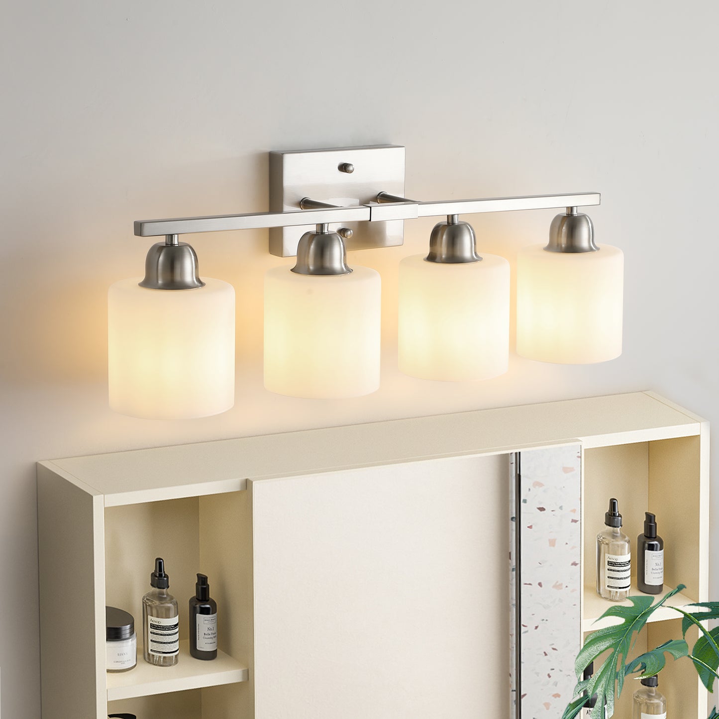Brushed Nickel Bathroom Light Fixtures, 4-Light Modern Vanity Light Over Mirror, Wall Sconces with Milky White Frosted Glass Shades, E26 Socket (Bulbs Not Included)