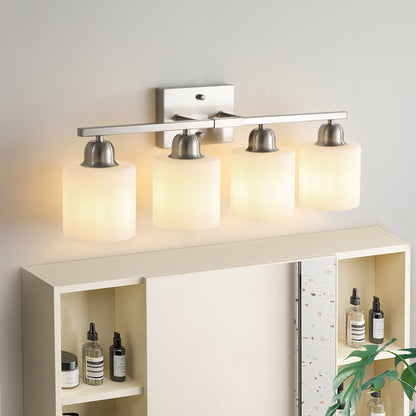Brushed Nickel Bathroom Light Fixtures, 4-Light Modern Vanity Light Over Mirror, Wall Sconces with Milky White Frosted Glass Shades, E26 Socket (Bulbs Not Included)