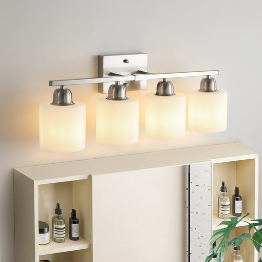 Brushed Nickel Bathroom Light Fixtures, 4-Light Modern Vanity Light Over Mirror, Wall Sconces with Milky White Frosted Glass Shades, E26 Socket (Bulbs Not Included)