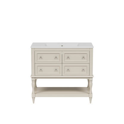 36" Bathroom Vanity Cabinet with Sink Combo Set, Undermount Ceramic Sink, Free Standing Vanity Set with 4 Drawers, Solid Wood Frame Bathroom Cabinet, Beige
