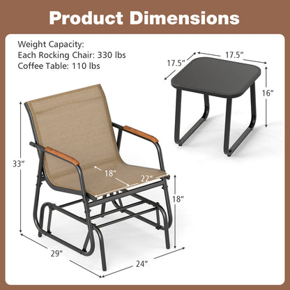 3-Piece Outdoor Glider Bistro Set with Tempered Glass Top and Metal Frame-Coffee