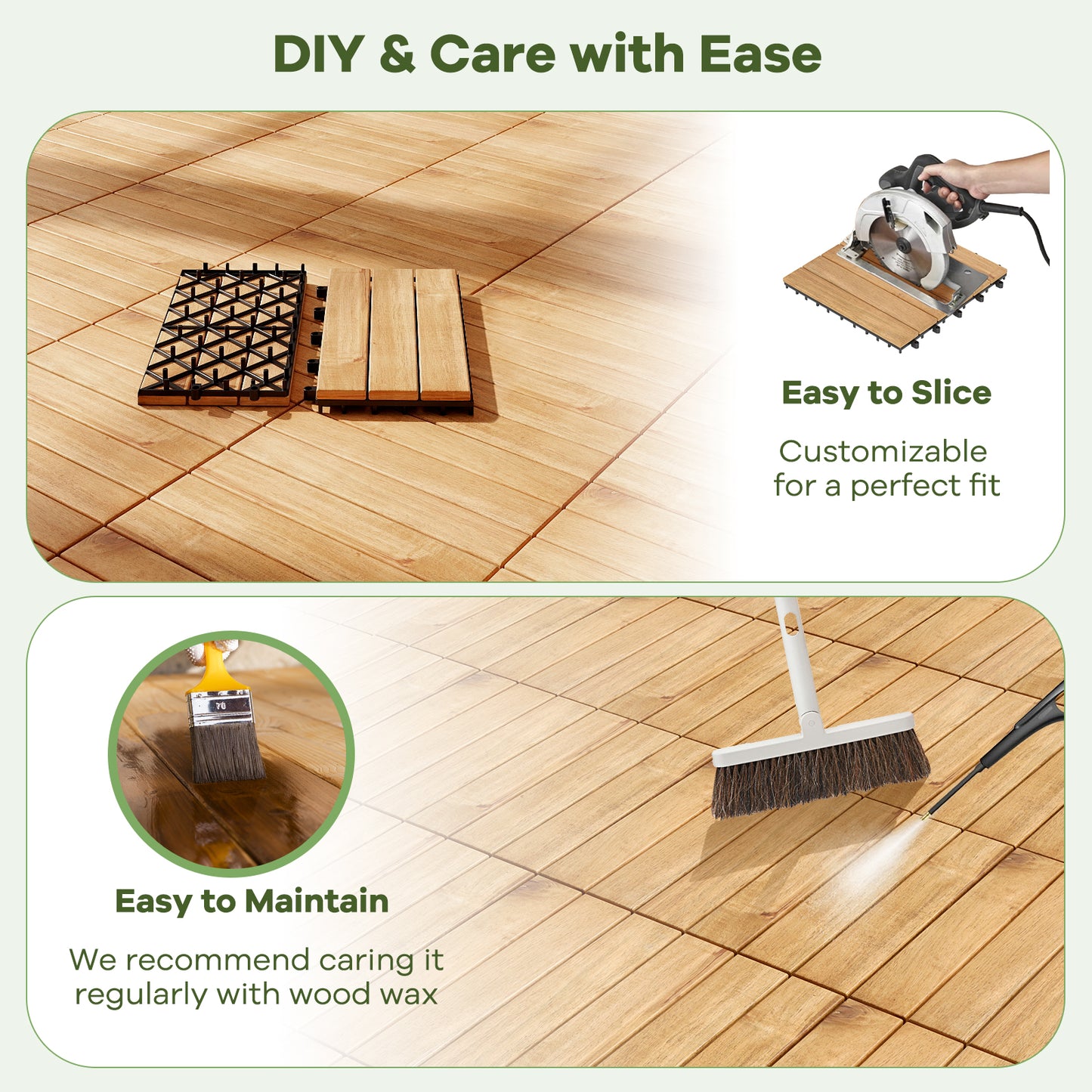 30 PCS Interlocking Deck Tiles 12 x 12 Inch Acacia Wood Patio Tiles with Straight Slats-Natural
