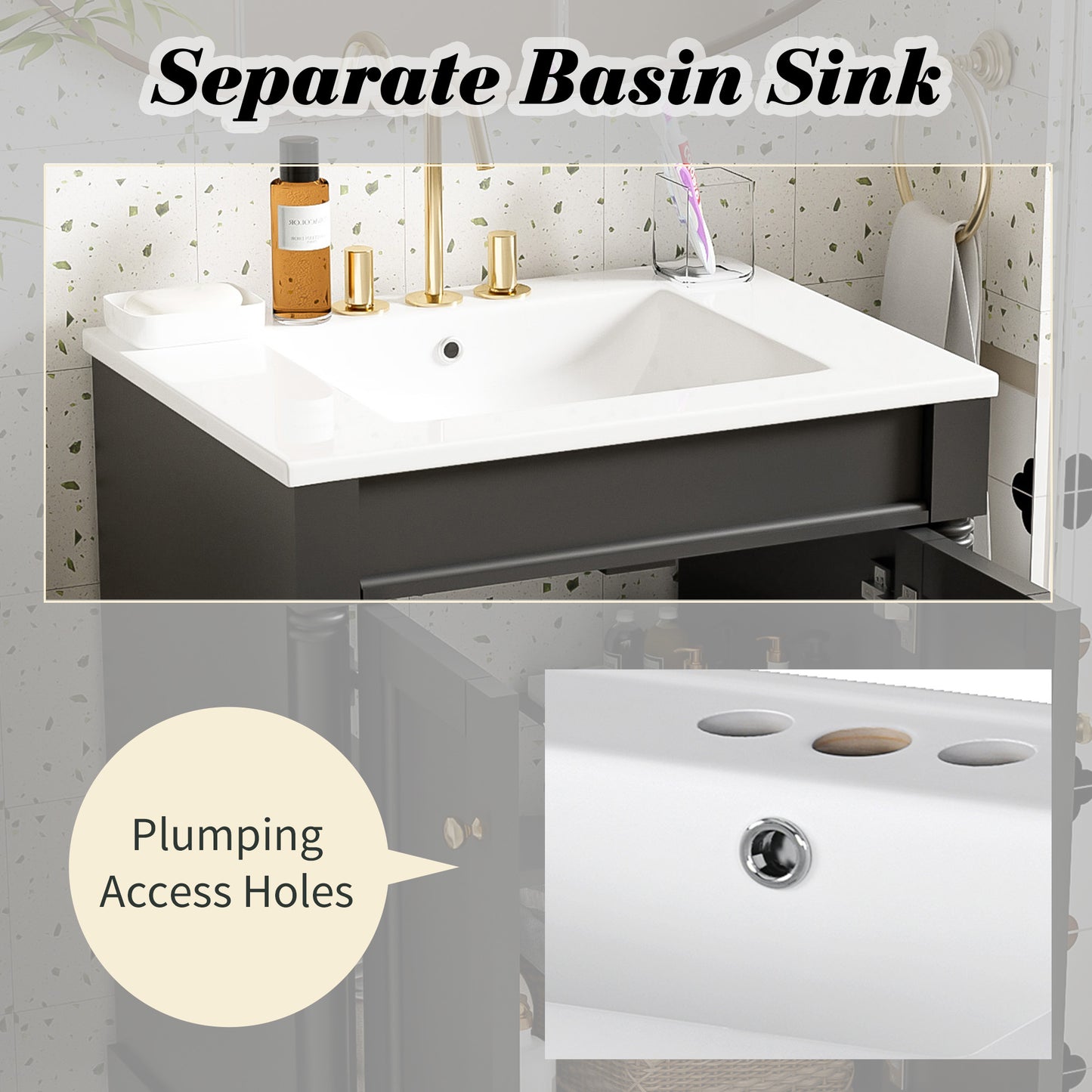 24'' Bathroom Vanity with Top Sink, 2-Tier Modern Bathroom Storage Cabinet, Single Sink Bathroom Vanity, Large Storage Shelves