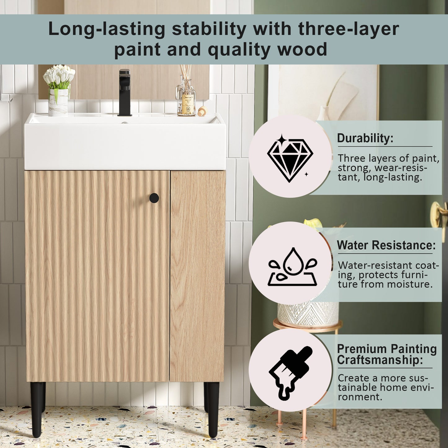 21.6" Wood Bathroom vanity, Combo Cabinet, Bathroom Storage Cabinet, Single Ceramic Sink, Right side storage