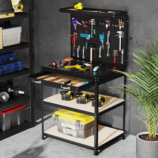 32 x 16 Inch Workbench Work Table with 2 PCs Pegboard Drawer and Shelves-Black