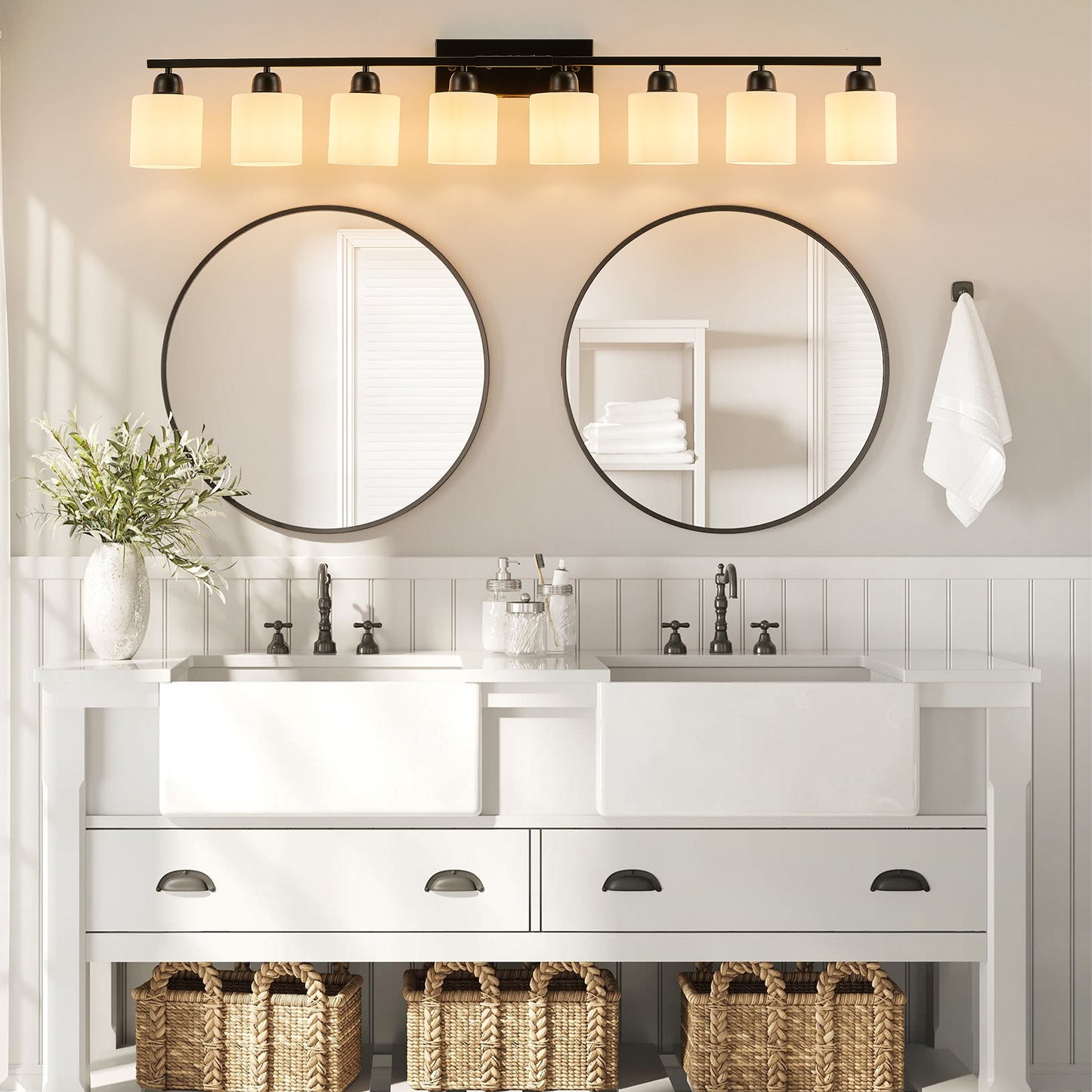 8-Light Bathroom Light Fixtures Over Mirror, 52inch Modern Matte Black Vanity Lights with White Frosted Glass Shade, Bathroom Wall Lamp Sconces for Mirror Bedroom, Living Room Hallway