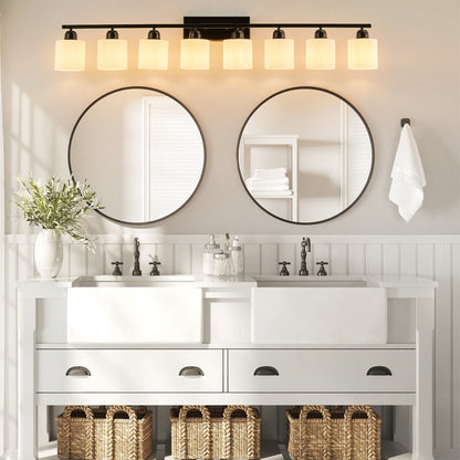 8-Light Bathroom Light Fixtures Over Mirror, 52inch Modern Matte Black Vanity Lights with White Frosted Glass Shade, Bathroom Wall Lamp Sconces for Mirror Bedroom, Living Room Hallway