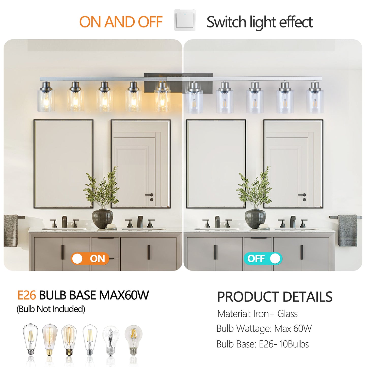 10 Light Bathroom Light Fixtures, Bathroom Vanity Light with Clear Glass, Brushed Nickel Bathroom Lighting Fixtures over Mirror, Large Vanity Lights for Bathroom, Vanity Lights for Mirror, Wall Sconce