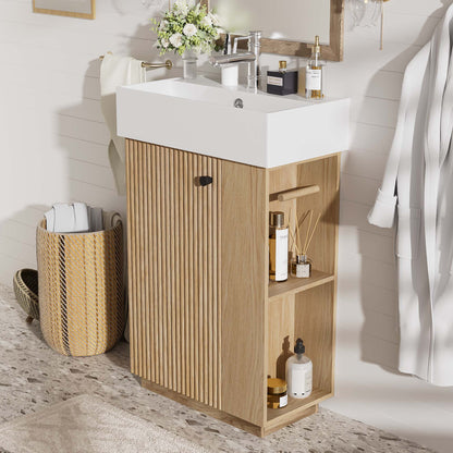 21.6" bathroom vanity with ceramic sink, freestanding modern left door wood grain cabinet with open and closed storage for small bathrooms