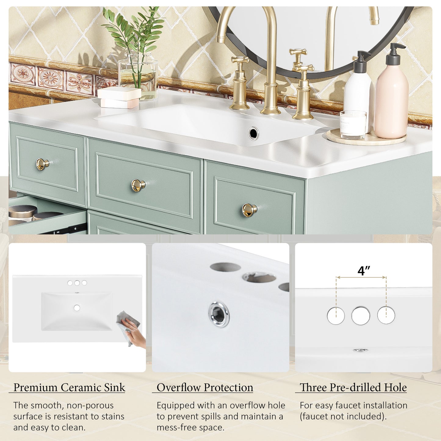 36" Bathroom Vanity with Ceramic Sink, Green, Solid Wood Frame, Soft Close Doors, Adjustable Shelves, 3 Drawers ,Including Double-Depth Drawer for Hairdryer Storage
