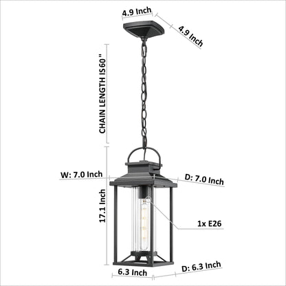 Outdoor Pendant Lights for Porch, Black Exterior Chandelier for Gazebo, Modern Outside Hanging Lanterns Outdoor Ceiling Light Fixture with Ribbed Glass for House Patio, Anti-Rust Waterproof (1 pack)